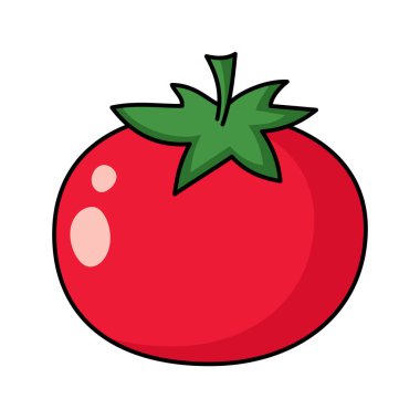 Kırmızı domates, renkli düz çizgi film şeklinde izole edilmiş vektör çizimi. Yiyecek zımbası. Vejetaryen ürünü. Sağlıklı bir yaşam tarzı. Bahçıvanlık. Çiftçi pazarı. Organik sebze simgesi veya logosu.