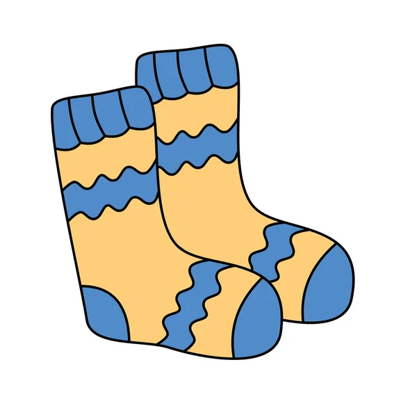 Knit hand-made socks vector illustration in colored cartoon doodle style.Seasonal winter clothing single clip art design element. Fashion accessory. Warm woolen knitwear. Bright blue and yellow colors — Stock Vector