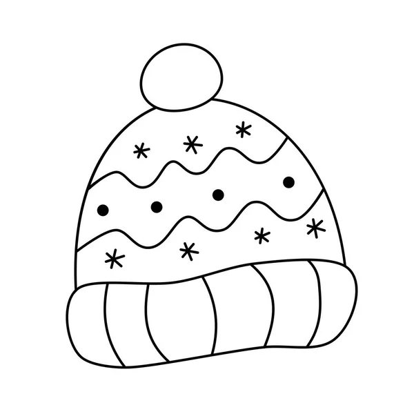 Chapéu de gorro de malha com pontos, flocos de neve, listras e pompom vetor preto e branco na linha de contorno arte desenho animado doodle style.S easonal inverno vestuário clip arte design elemento. Headwear acessório de moda — Vetor de Stock