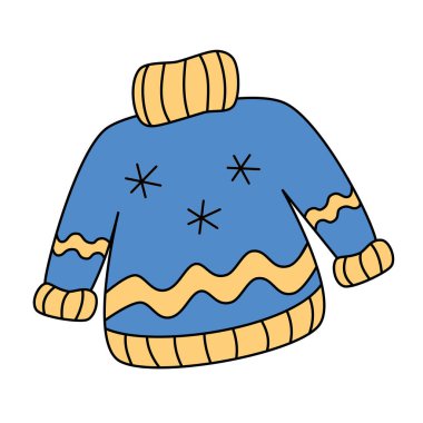 Renkli çizgi film karalama tarzında el yapımı süveter vektör çizimi. Mevsimsel kış kıyafetleri tek klima tasarım elementi. Moda aksesuarı. Sıcak yün örgü. Parlak mavi ve sarı renkler.