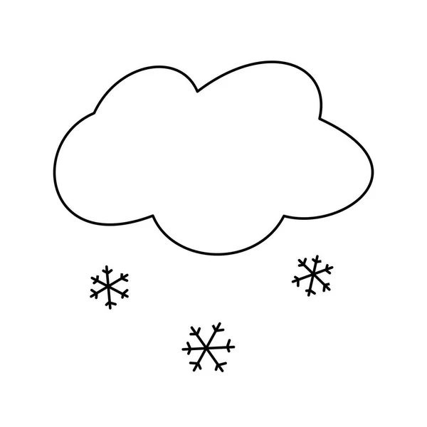 Σύννεφο με πτώση νιφάδες χιονιού περίγραμμα γραμμή τέχνης μαύρο και άσπρο απομονωμένη διανυσματική απεικόνιση σε στυλ doodle. Χιόνι κρύο καιρός εικονίδιο πρόγνωση ή το λογότυπο στοιχείο σχεδιασμού. Χειμερινή εποχή κλιπ τέχνη αντικείμενο — Διανυσματικό Αρχείο