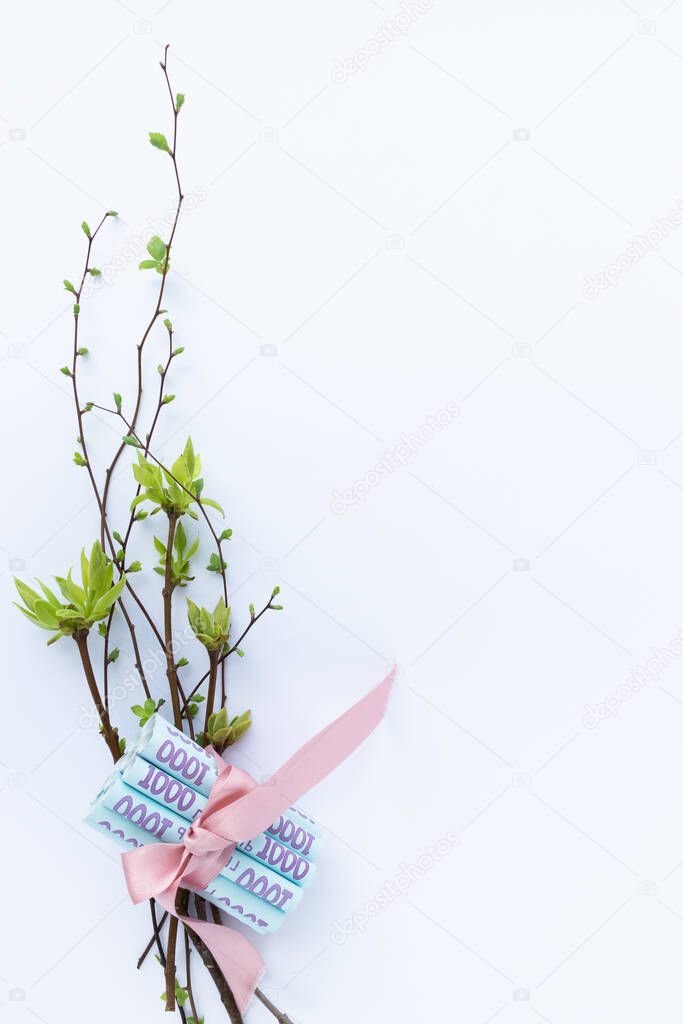 Spring bouquet with first leaves and ukrainian money. Copy space.