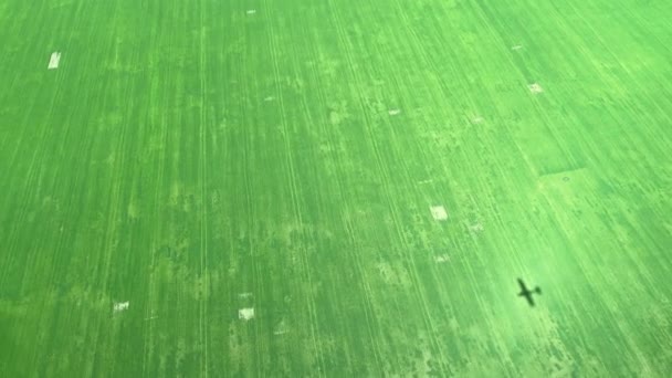 Sombra de avión en un campo de granja de vuelo de aviones de hélice pequeña. — Vídeos de Stock