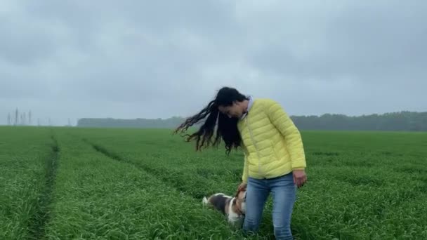 4K Kız yeşil bir alanda köpekle yürüyor.. — Stok video