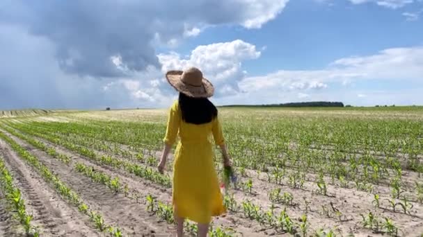 4k Girl waking across a corn field with a bunch of flowers. — Wideo stockowe