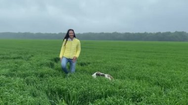 Yeşil buğday tarlasında bir köpekle yürüyen ve birini arayan 4K sevimli kız..