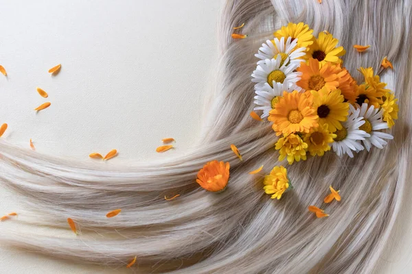 Светлые волосы с ромашкой и цветами календулы. — стоковое фото