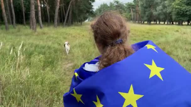 4k Malá dívka s velkou vlajkou Evropské unie kráčející se psem. Zadní pohled. — Stock video