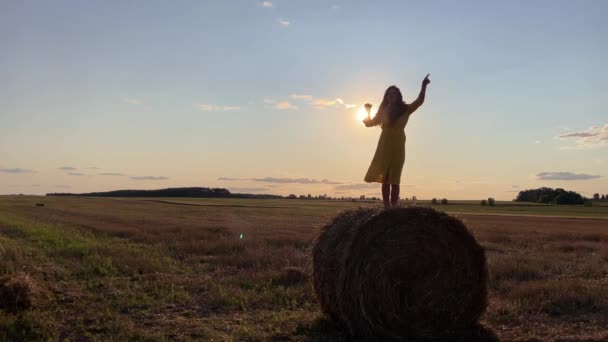 4k Silhouette de danseuse sur une pile de foin sur un champ contre une lumière du soleil. — Video