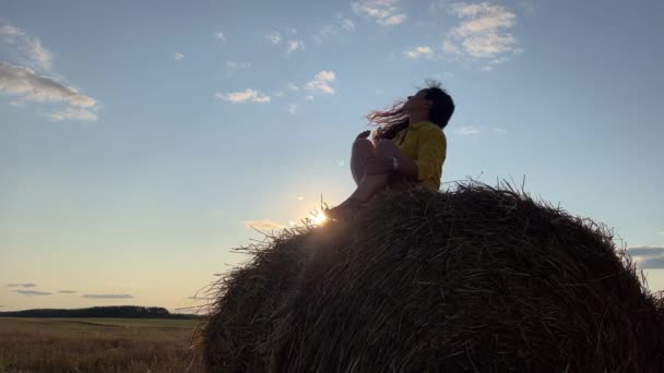 4k Silhouette of dreaming woman in a dress sitting on a straw stack against sun. — Stock Video