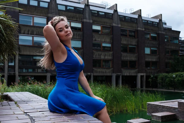 Oturup kameraya bakan çekici genç bir kadının portresi. Mavi bir bahar elbisesi giyiyor..