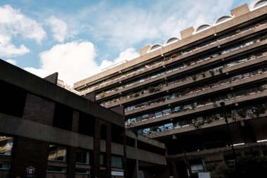 Katmanlı beton balkonları olan Barbikalı mülkler, yabani apartman blokları, mavi gökyüzü, geometrik dokular ve açılarla ekilmiş yeşillikler ve çiçekler.