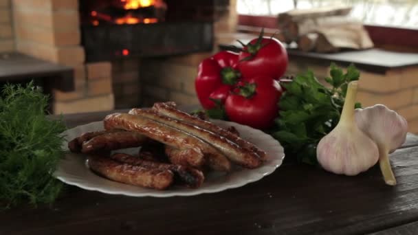 Grilled sausages on charcoal — Stock Video