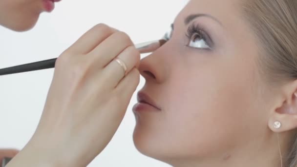 Kunstenaar doet professionele make-up van vrouw — Stockvideo