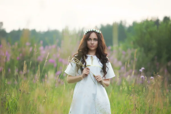 Beautiful young girl in a field on the background colors — Stock Photo, Image