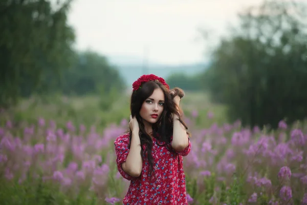Belle jeune fille dans un champ sur les couleurs de fond — Photo
