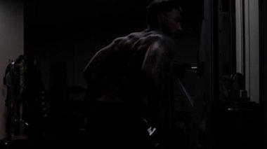 Güçlü erkek vücut geliştirici halterlerle egzersiz yapıyor.