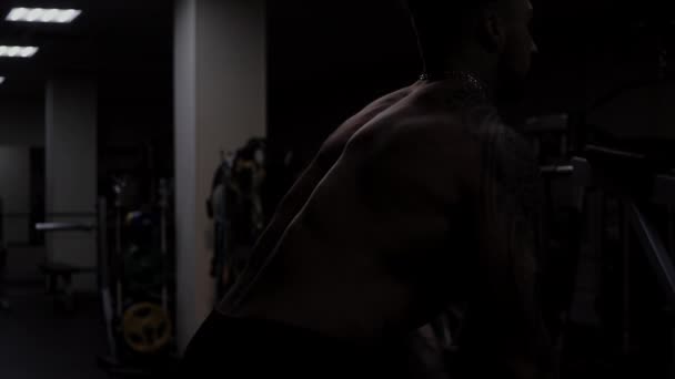 Starker männlicher Bodybuilder macht Übungen mit Kurzhanteln — Stockvideo