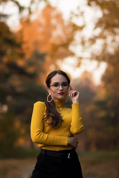 Young Long Haired Brunette Yellow Knitted Jumper Eyeglasses Looking Camera — Stock Photo, Image