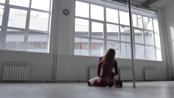 Verführerische Frau macht Pole Dance im Studio — Stockvideo