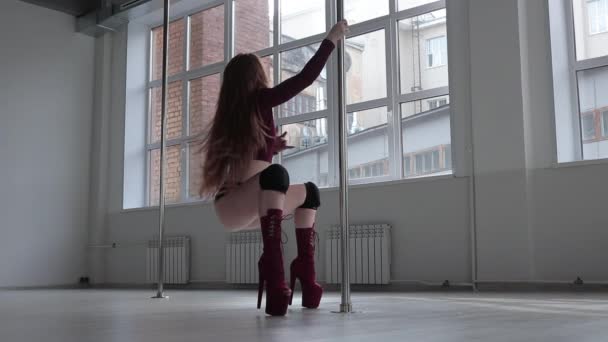 Mujer seductora haciendo pole dance en estudio — Vídeos de Stock