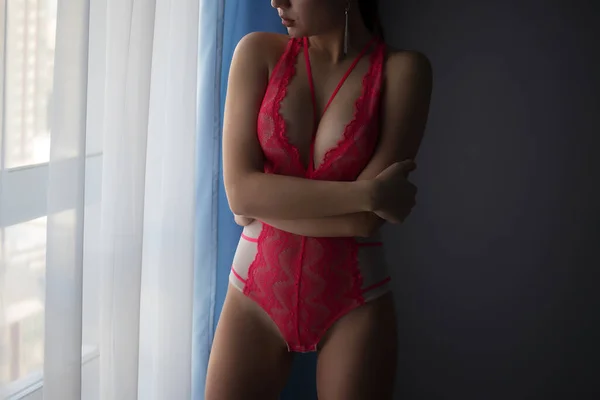 Onherkenbare Vrouw Met Perfect Lichaam Sexy Rode Kant Lingerie Staan — Stockfoto