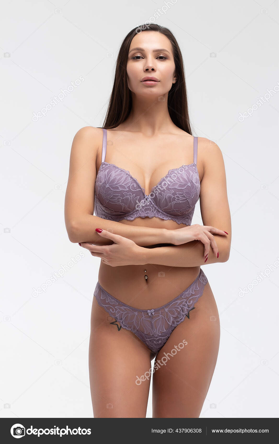 Coquette Female Model Lace Purple Bra Panties Standing White Background  Stock Photo by ©3kstudio 437906308