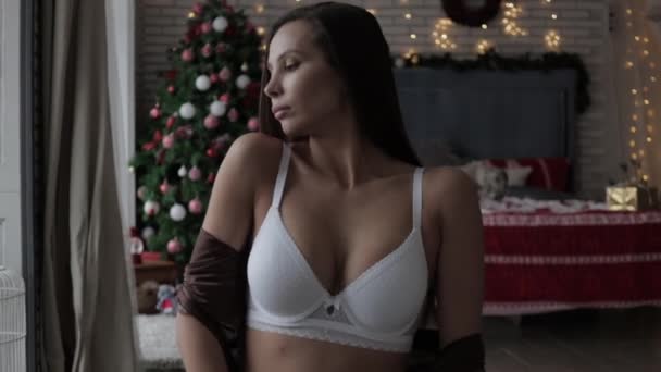 Wspaniała młoda modelka w różnej stylowej bieliźnie podczas świąt Bożego Narodzenia w domu — Wideo stockowe