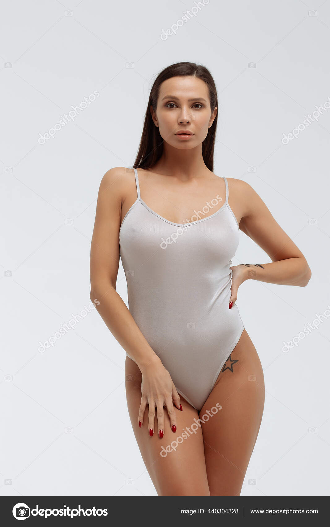 Tender Female Wearing Bodysuit Standing Folded Arms White Background Studio  Stock Photo by ©3kstudio 440304328