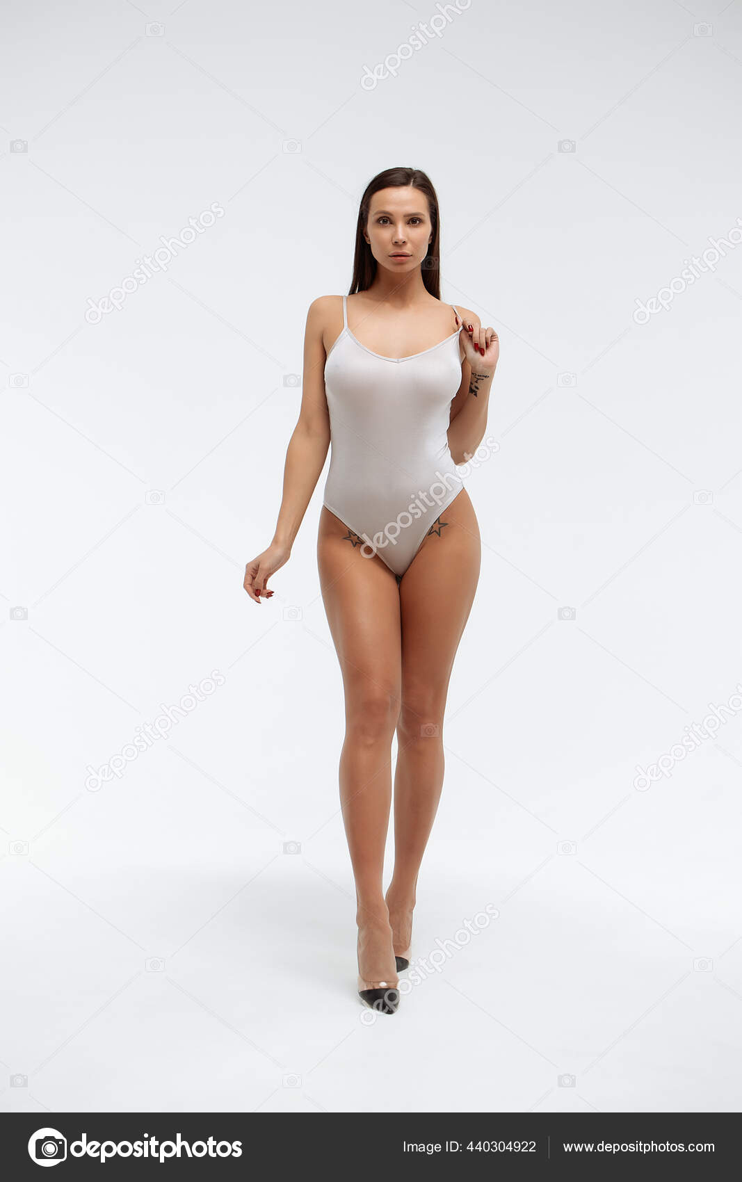 Tender Female Wearing Bodysuit Standing Folded Arms White Background Studio  Stock Photo by ©3kstudio 440304922