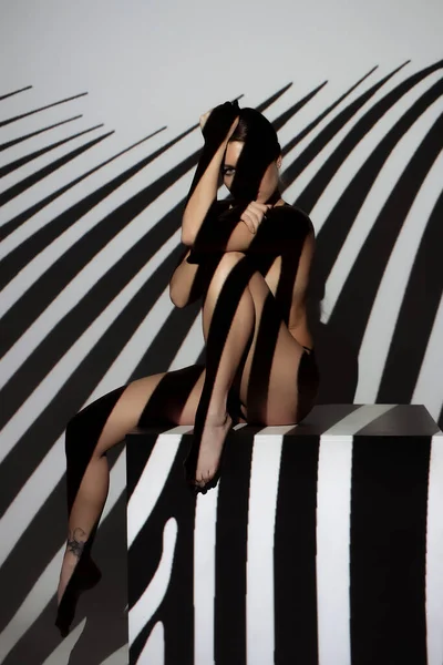 ファッションアートスタジオ肖像画のエレガントな裸の女性とともに彼女の体に影 — ストック写真