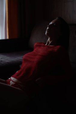 Kırmızı örgü süveter ve seksi dantel külotlu, yatakta uzanmış, şehvetli genç bir kadının yüksek açılı yan görüntüsü.