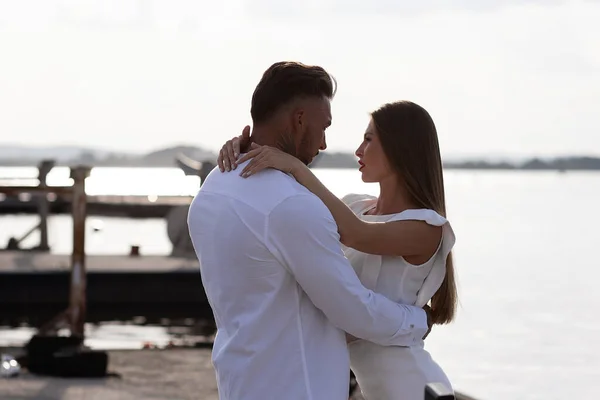 Loving Couple Trendy Outfits Embracing While Standing Port Boats Summer — Stock Photo, Image