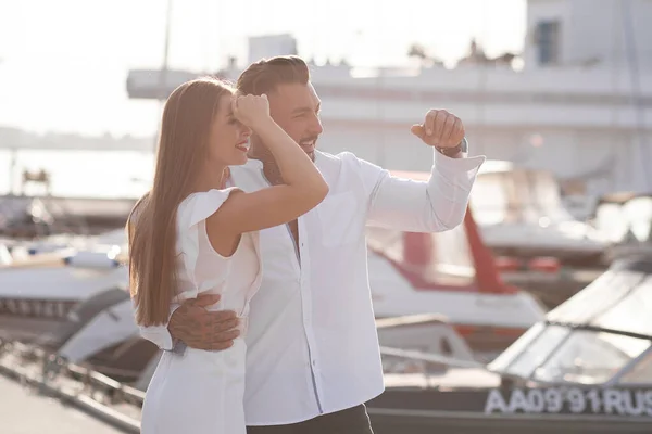 Loving Couple Hugging While Standing Embankment Boats Sunny Day Summer — Stock Photo, Image