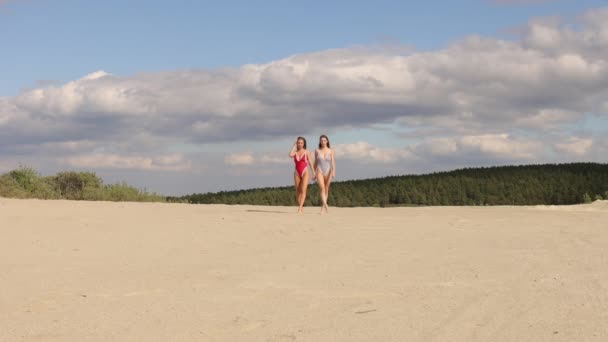 Plajda yürüyen mayolu seksi kadınlar. — Stok video