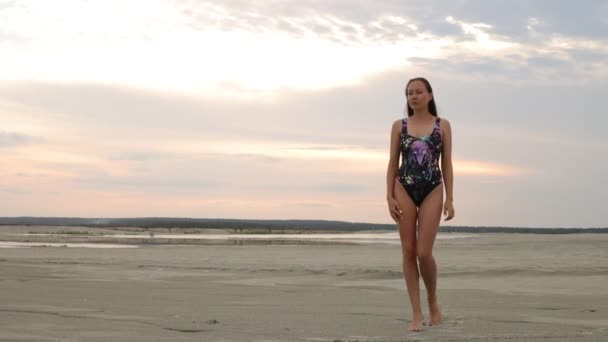 Flirtare donna in bikini nero passeggiando lungo la spiaggia sabbiosa — Video Stock