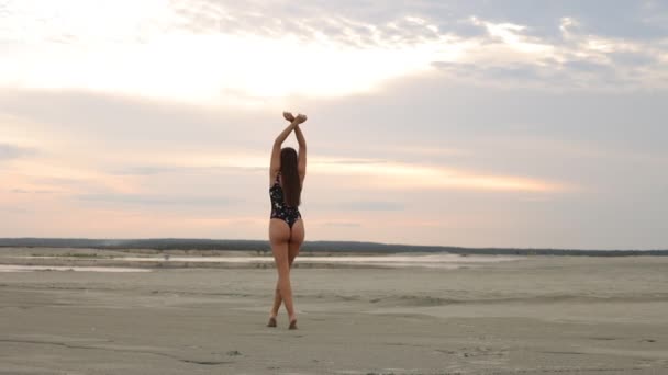 Femme charnue en bikini noir marchant le long de la plage de sable — Video