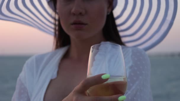 Mulher elegante com copo de vinho descansando na praia ao pôr do sol — Vídeo de Stock