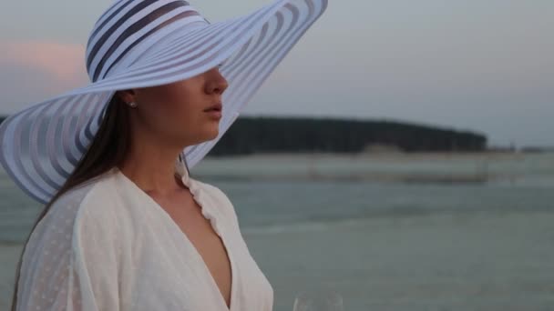 Elegant kvinna med glas vin vilar på stranden vid solnedgången — Stockvideo