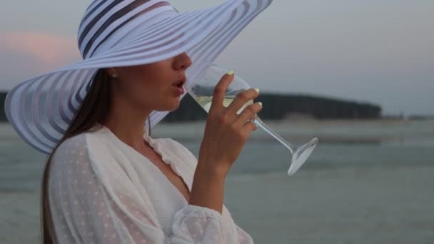 Elegant kvinna med glas vin vilar på stranden vid solnedgången — Stockvideo