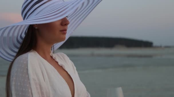 Femme élégante avec un verre de vin reposant sur la plage au coucher du soleil — Video