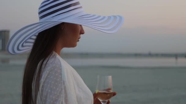 Elegante mujer con copa de vino descansando en la playa al atardecer — Vídeos de Stock