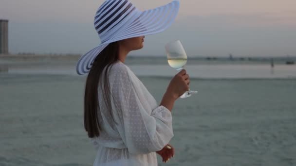 Elegante mujer con copa de vino descansando en la playa al atardecer — Vídeos de Stock
