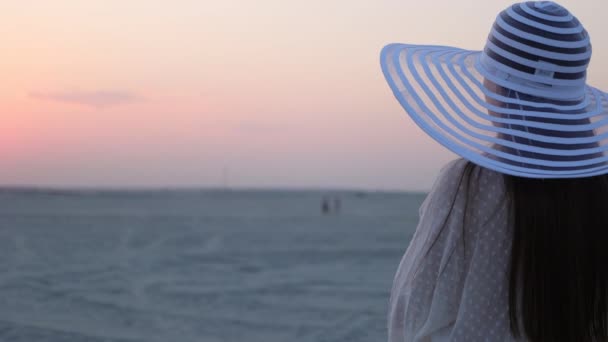 Elegante mujer con copa de vino descansando en la playa al atardecer — Vídeos de Stock