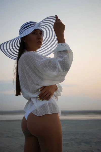 Side View Alluring Woman Thong Bikini Lace Shirt Wearing Beach — Stock Photo, Image