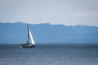 Vancouver Adası, British Columbia, Kanada 'da çekilen arka planda dağları olan yelkenli bir tekne.