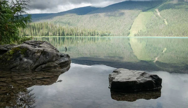 Emerald Gölü, Yoho Ulusal Parkı, British Columbia, Kanada 'da çekilmiş el değmemiş alp gölü yansıması.