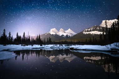Yıldızlarla dolu gökyüzü ve su yüzeyine yansıyan dağlarla dolu Alp gecesi sahnesi Canmore, Alberta, Kanada 'da çekildi.