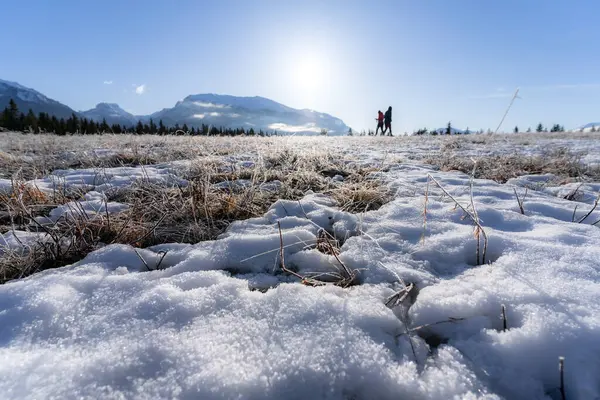 Turyści w Canadian Rockies późną zimą, zastrzeleni w okolicach Quarry Lake, Canmore, Alberta, Kanada — Zdjęcie stockowe