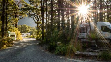 Ormanda karavan, karavan ve çakıl yolu kareye çıkan kamp alanının güneş ışığı görüntüsü. Fotoğraf Milford Sound, Fiordland NP 'de çekildi.
